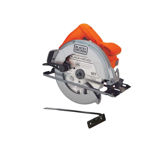 BLACKDECKER CS1004 circular saw with orange handle, silver blade, front angle on white background.