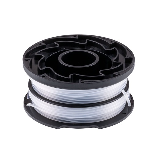 BLACKDECKER DF-065 replacement trimmer line spool with white line on black plastic, side angle, white background.