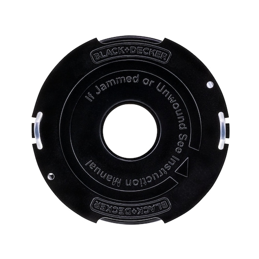 BLACK+DECKER DF-065 trimmer spool cover, round black plastic, top view on white background.