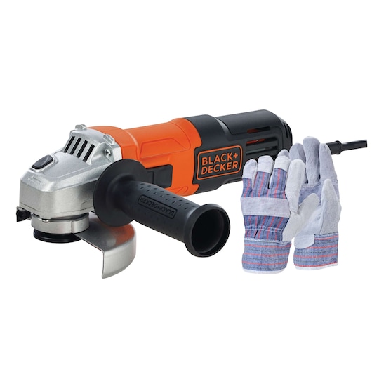 BLACKDECKER angle grinder G650GL with protective gloves, front side view, orange and black body.