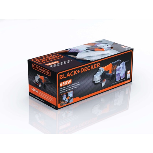Box containing a BLACK+DECKER 650W angle grinder model G650GL, with gloves included, featuring product images and specifications on the packaging.