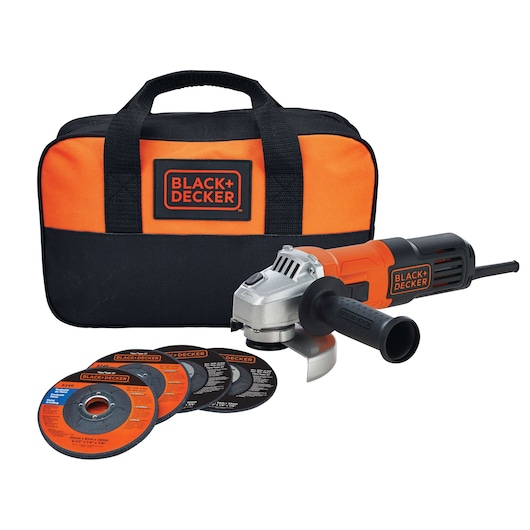 BLACKDECKER G650K5 angle grinder kit with carrying bag and four grinding discs, front view.