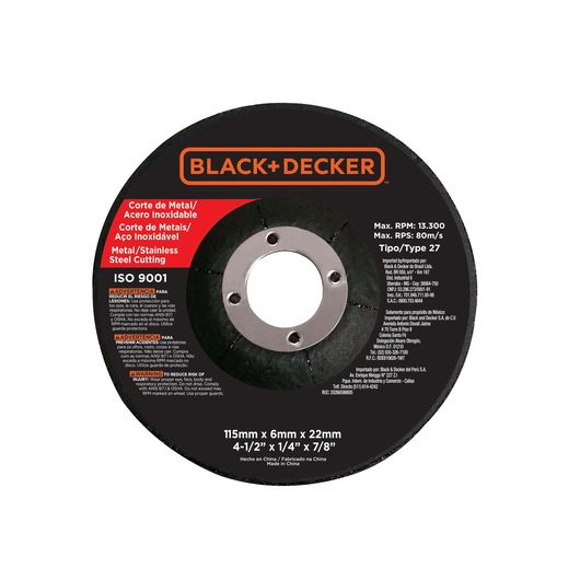 BLACK+DECKER G720K metal and stainless steel cutting disc, 115mm, front angle, white background.