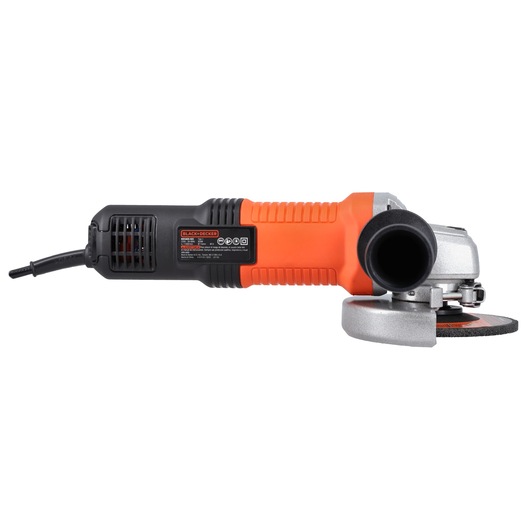 BLACKDECKER G720X angle grinder with orange and black casing, right side view, on white background.