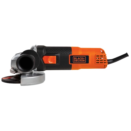 BLACKDECKER G720 orange and black angle grinder side view on white background.