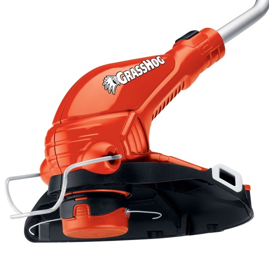 BLACKDECKER GH750 electric string trimmer close-up, orange and black finish, side angle on white background.