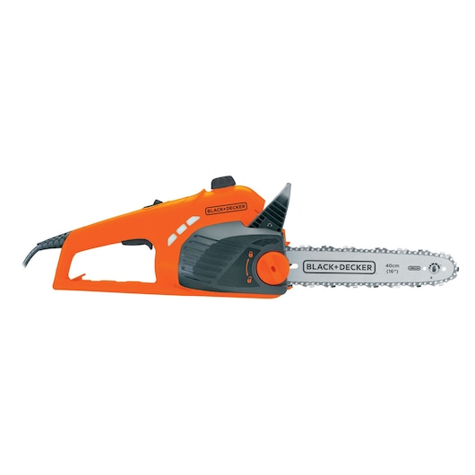 Photo of BLACK+DECKER GK1740 electric chainsaw, orange and black, side angle, visible 40cm bar and chain.