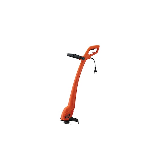 BLACKDECKER GL350 orange electric grass trimmer, side view, white background.
