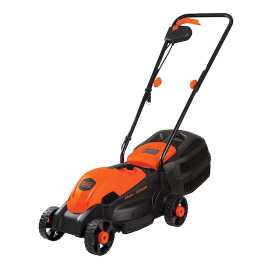 BLACKDECKER GR1000 electric lawn mower, orange and black, side angle on white background.