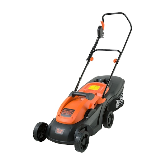 BLACKDECKER GR3800 orange and black electric lawn mower front angle on white background.