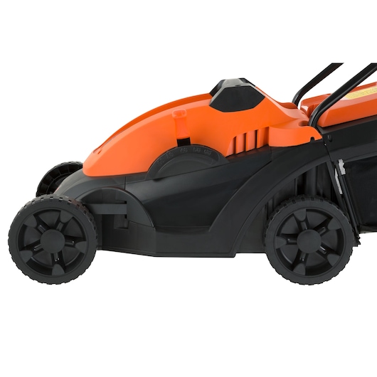Photo of BLACKDECKER GR3800 electric lawn mower side view, orange and black body, visible wheels, white background.
