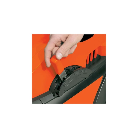 BLACKDECKER GR3800 lawn mower height adjustment lever close-up, orange and black design, side angle