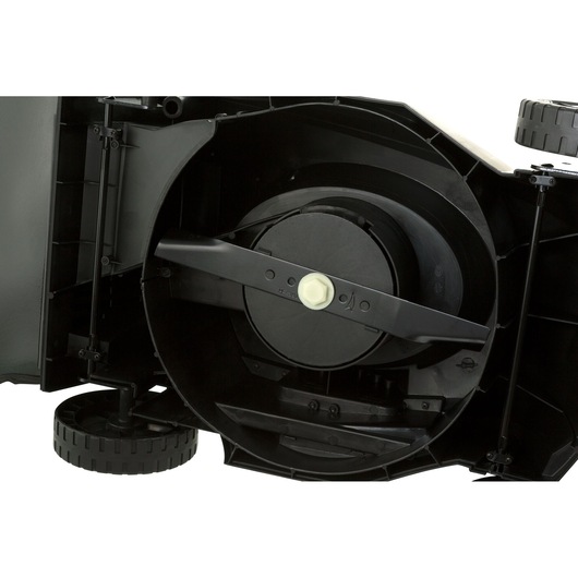 Photo of BLACKDECKER GR3800 lawn mower bottom view showing the blade and black housing, white background.