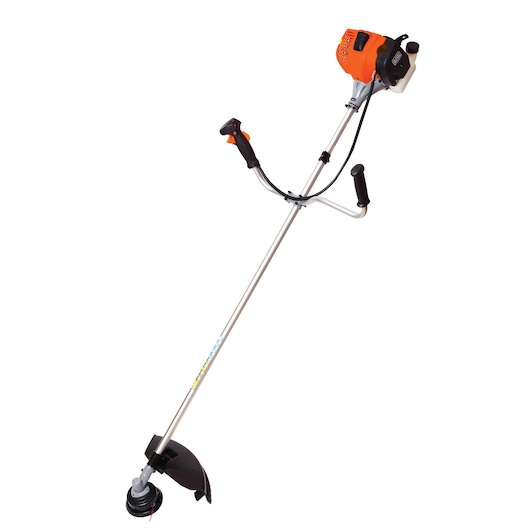 BLACKDECKER GST33 brush cutter, angled view on white background, orange and black motor, silver shaft, dual handle.