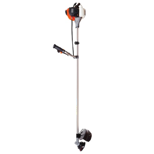 BLACKDECKER GST33 grass trimmer, full view, orange and black, straight shaft, photo on white background.