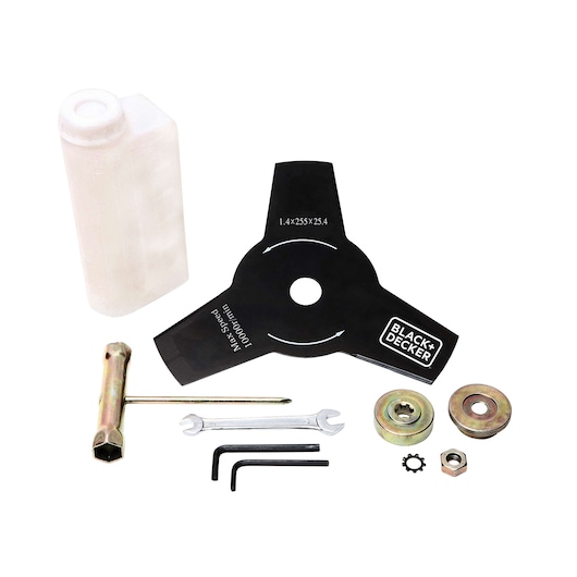 BLACK+DECKER GST33 brush cutter accessory kit with metal blade, fuel bottle, wrench, Allen keys, and mounting hardware, flat lay.