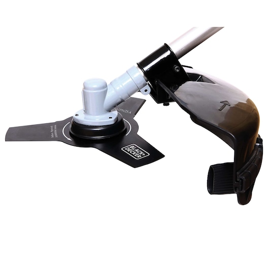 BLACKDECKER GST33 grass trimmer close-up, black blade and guard, silver shaft, on white background.