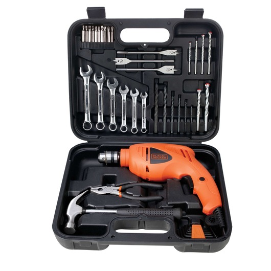 BLACK+DECKER HD455KA orange corded electric drill side view on white background.