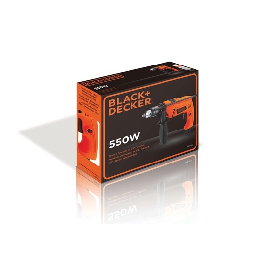 BLACK+DECKER HD555 hammer drill box in orange and black, 550W, front angle photo.