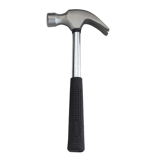 BLACKDECKER claw hammer HD565K with black rubber handle, side angle, white background.