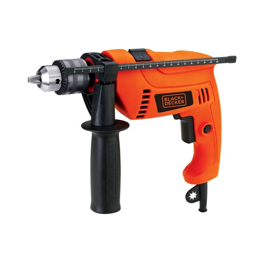 Photo of BLACKDECKER HD565K orange corded drill with side handle and depth gauge, front angle on white background.