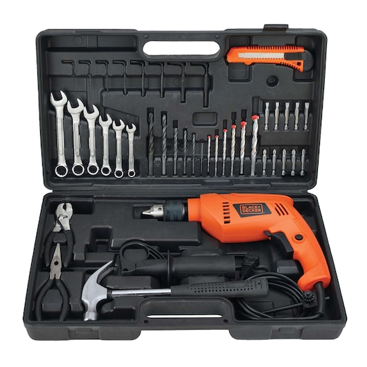 A BLACK+DECKER tool kit in a black carrying case, containing an orange electric drill, wrenches, pliers, a hammer, drill bits, screwdriver bits, a utility knife, and other assorted tools.