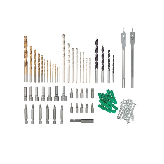 BLACKDECKER HD650KIT drill and driver bit set with various metal bits, screwdriver bits, green wall plugs, and screws, front angle.