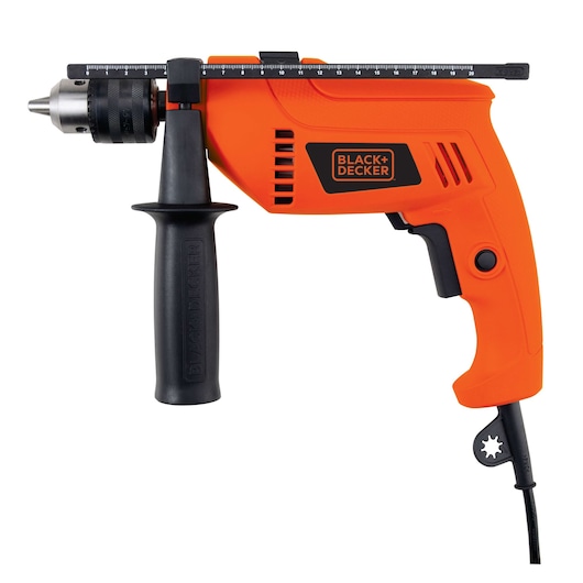 Photo of BLACK+DECKER HD650 orange corded electric drill with side handle and depth gauge, product left side view.