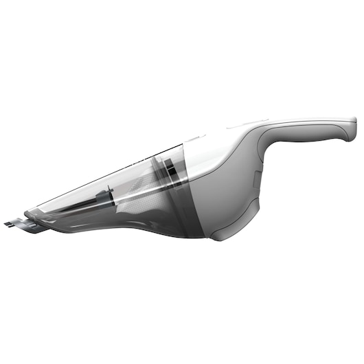 BLACKDECKER HNV220V12 handheld vacuum cleaner, side view, white and gray plastic body, photography.