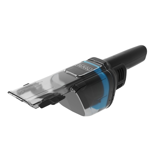 Photo of BLACKDECKER HNVD220J00 handheld vacuum cleaner, black with clear and blue dustbin, angled on white background.
