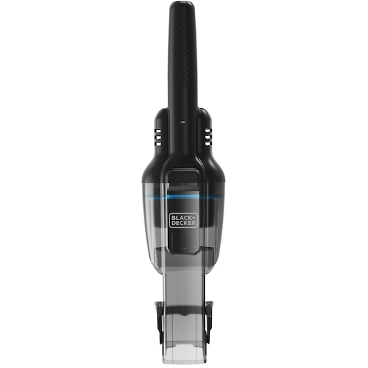 BLACKDECKER HNVD220J00 handheld vacuum cleaner front view, black and transparent design, product on white background.