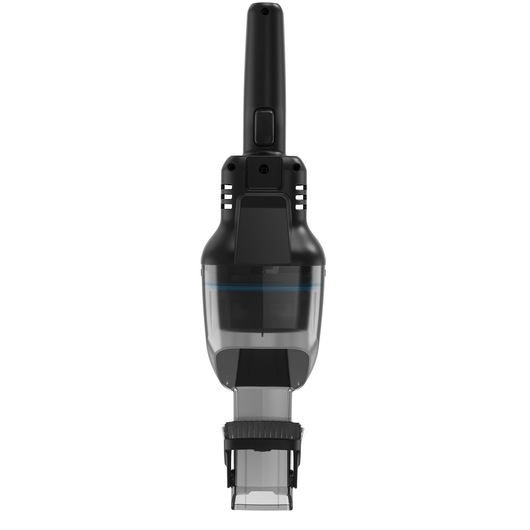 BLACKDECKER HNVD220J00 handheld vacuum cleaner front angle, black and transparent body, bristle nozzle.