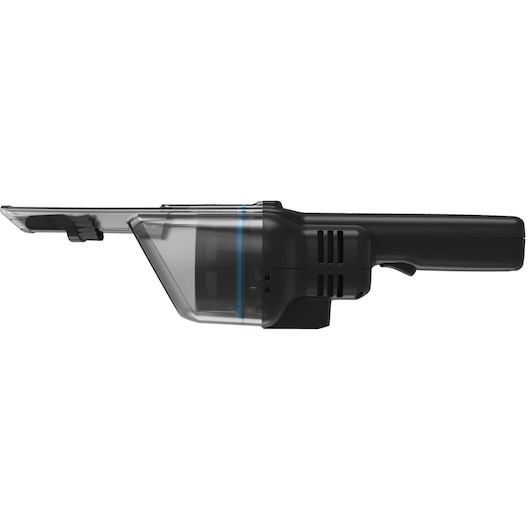 BLACKDECKER HNVD220J00 handheld vacuum cleaner, side view on white background, black and transparent dustbin, photography.