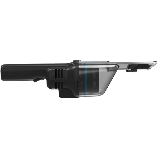 BLACKDECKER HNVD220J00 handheld vacuum cleaner, black with transparent dust container, side view, white background.