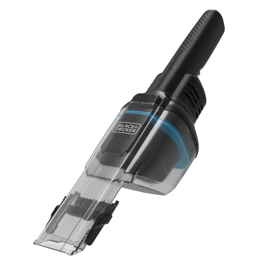 BLACK+DECKER HNVD220J00 handheld vacuum with transparent nozzle, black and blue design, angled on white background.