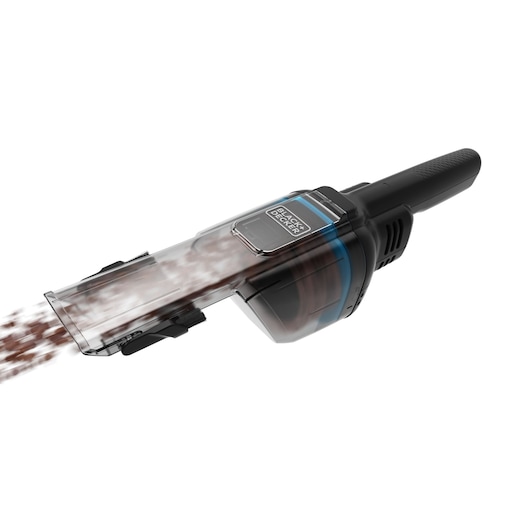 Photo of BLACKDECKER HNVD220J00 handheld vacuum cleaner, black and transparent design, angled on white background.