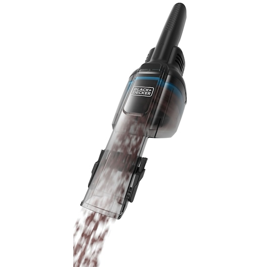 Photo of BLACK+DECKER cordless handheld vacuum HNVD220J00 on white background, debris emptying from dustbin.
