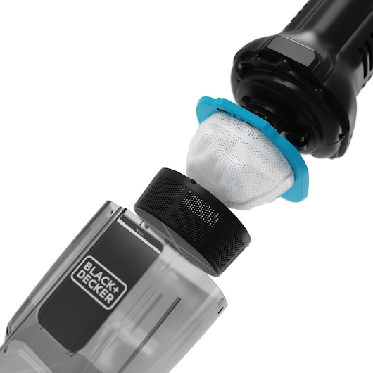 BLACK+DECKER HNVD220J00 handheld vacuum filter assembly close-up on white background.