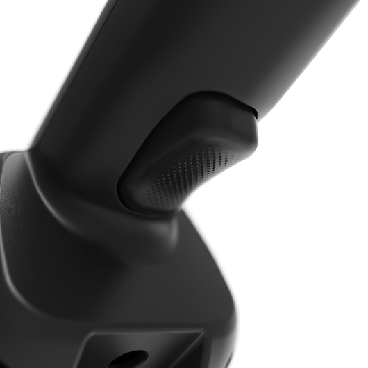 Close-up photo of BLACKDECKER HNVD220J00 black textured tool handle with trigger, white background.