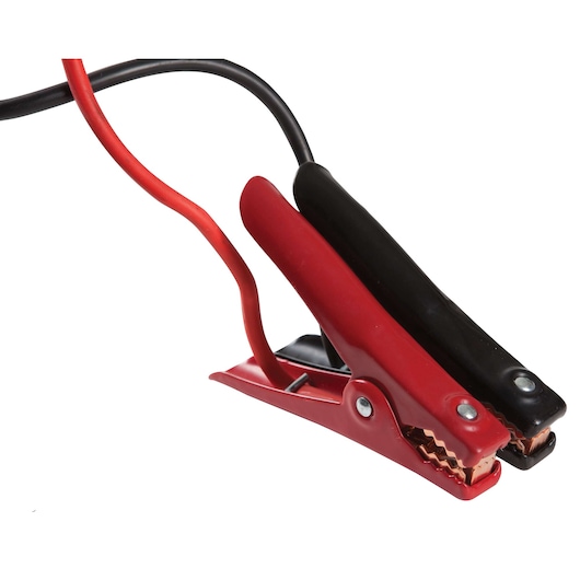 BLACKDECKER JS500S automotive jumper cable clamps, red and black, close-up on white background.