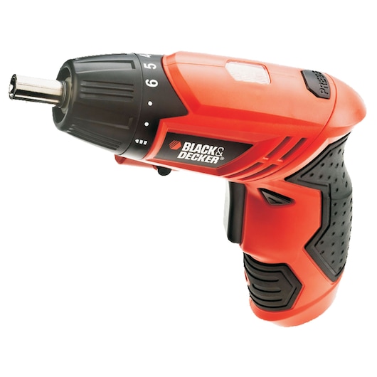 BLACKDECKER KC4815 cordless screwdriver, orange and black body, side angle, white background