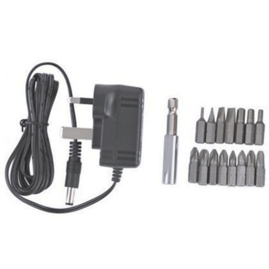 BLACKDECKER KC4815 power adapter, bit holder, and screwdriver bit set on white background.