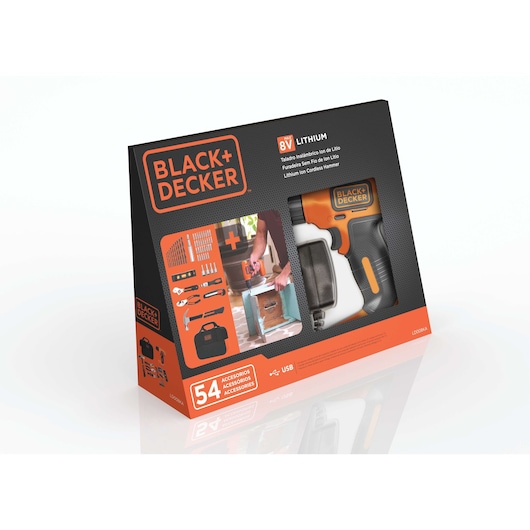 Boxed BLACK+DECKER 8V lithium cordless screwdriver set with 54 accessories, including a carrying case, USB charger, and various bits and tools. The packaging displays the screwdriver and a selection of included accessories, as well as an image of a person using the tool.