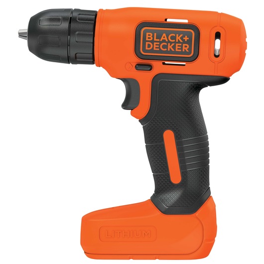 BLACKDECKER LD008 cordless drill with orange and black design, left-side angle on white background.