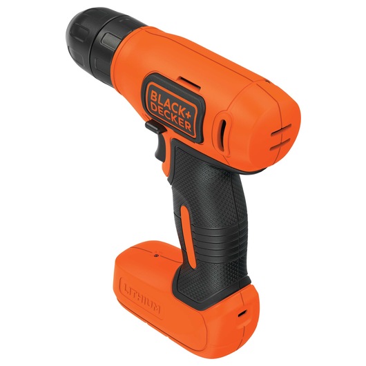 BLACKDECKER LD008 cordless drill, orange and black, side angle on white background.