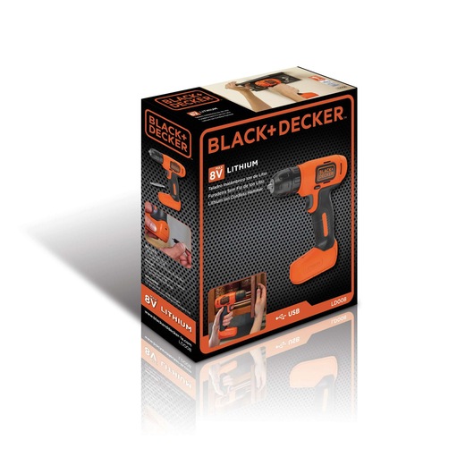 Box packaging of a BLACK+DECKER cordless drill, model LD008, featuring 8V lithium ion battery and USB charging. The box is mainly black and orange with images showing the drill and it being used.