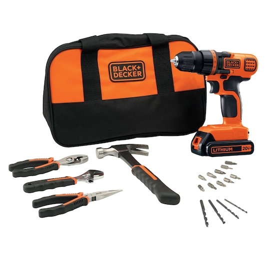 BLACK+DECKER LD120BH tool kit with orange and black drill, tool bag, hammer, pliers, bits, and drill bits, front angle.
