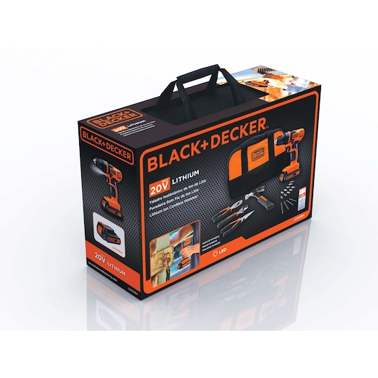 Box containing a BLACK+DECKER 20V lithium cordless drill kit, including the drill, various hand tools, drill bits, and a carrying bag. The box is black and orange with product images and specifications.