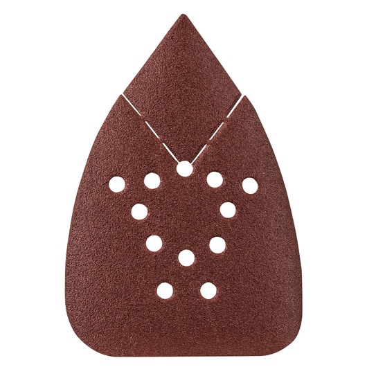 BLACKDECKER LD120SB brown triangular sanding pad with multiple holes, front angle, on white background.