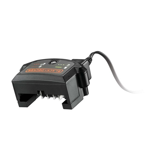 Photo of BLACK+DECKER LD120SB black battery charger with LED indicators, top angle, on white background.
